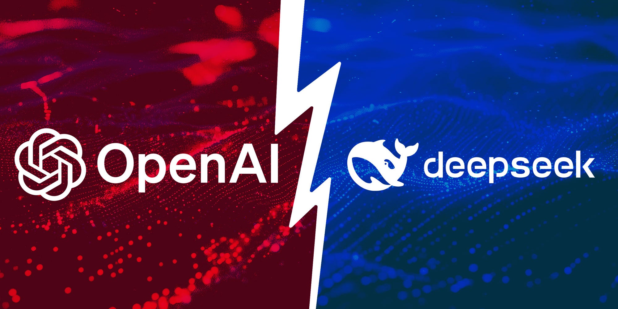 The OpenAI logo on a red tech background next to the DeepSeek logo on a blue tech background.