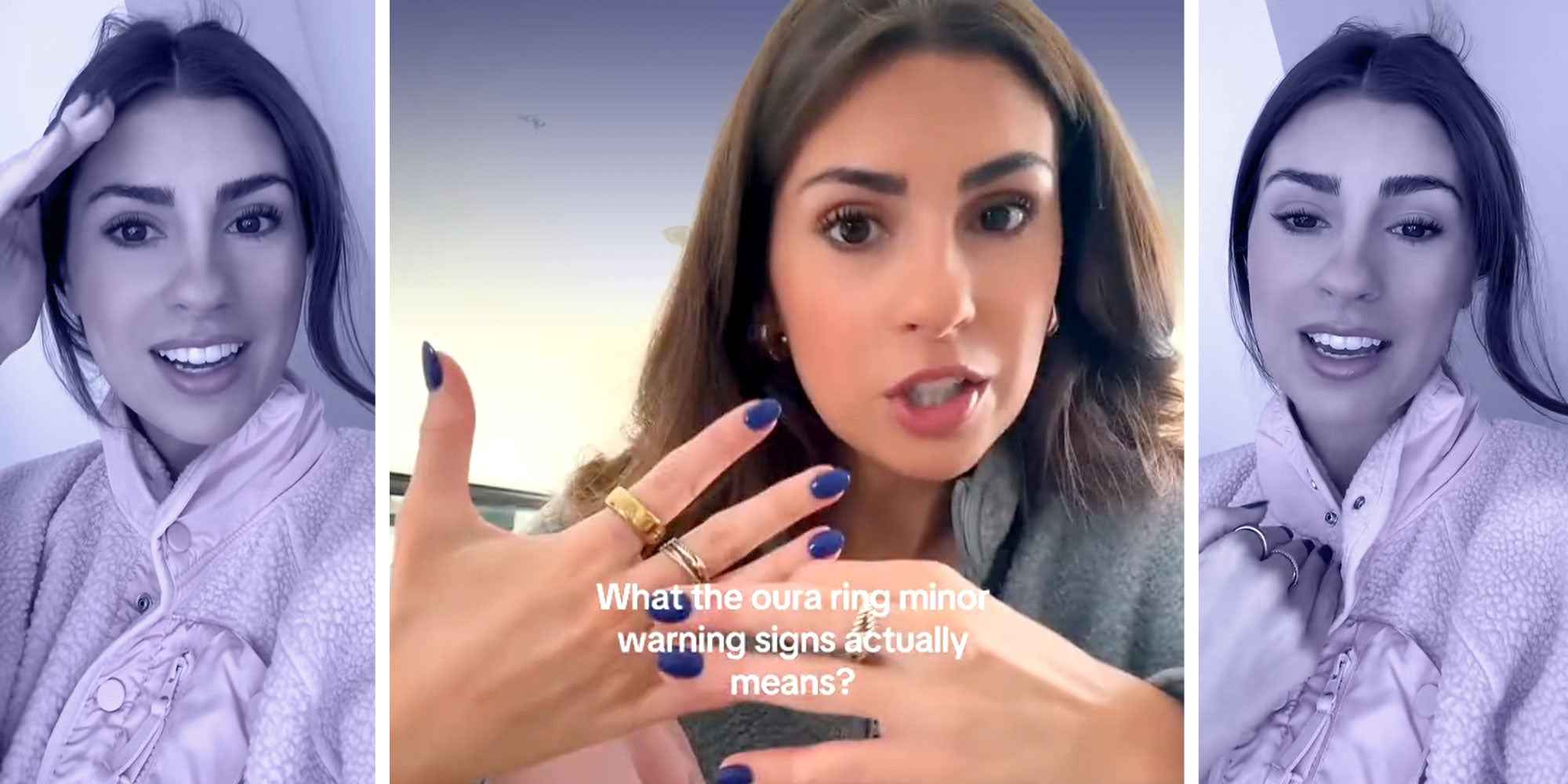 Three images side by side of a woman with an Oura ring. The caption reads 'What the oura ring minor warning signs actually means?'