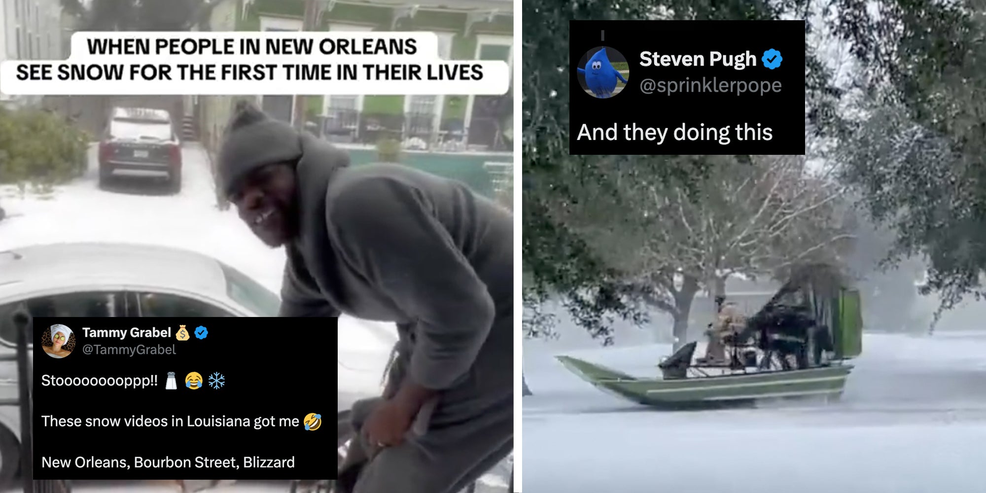 Man in snow(l), Boat on snow(r)