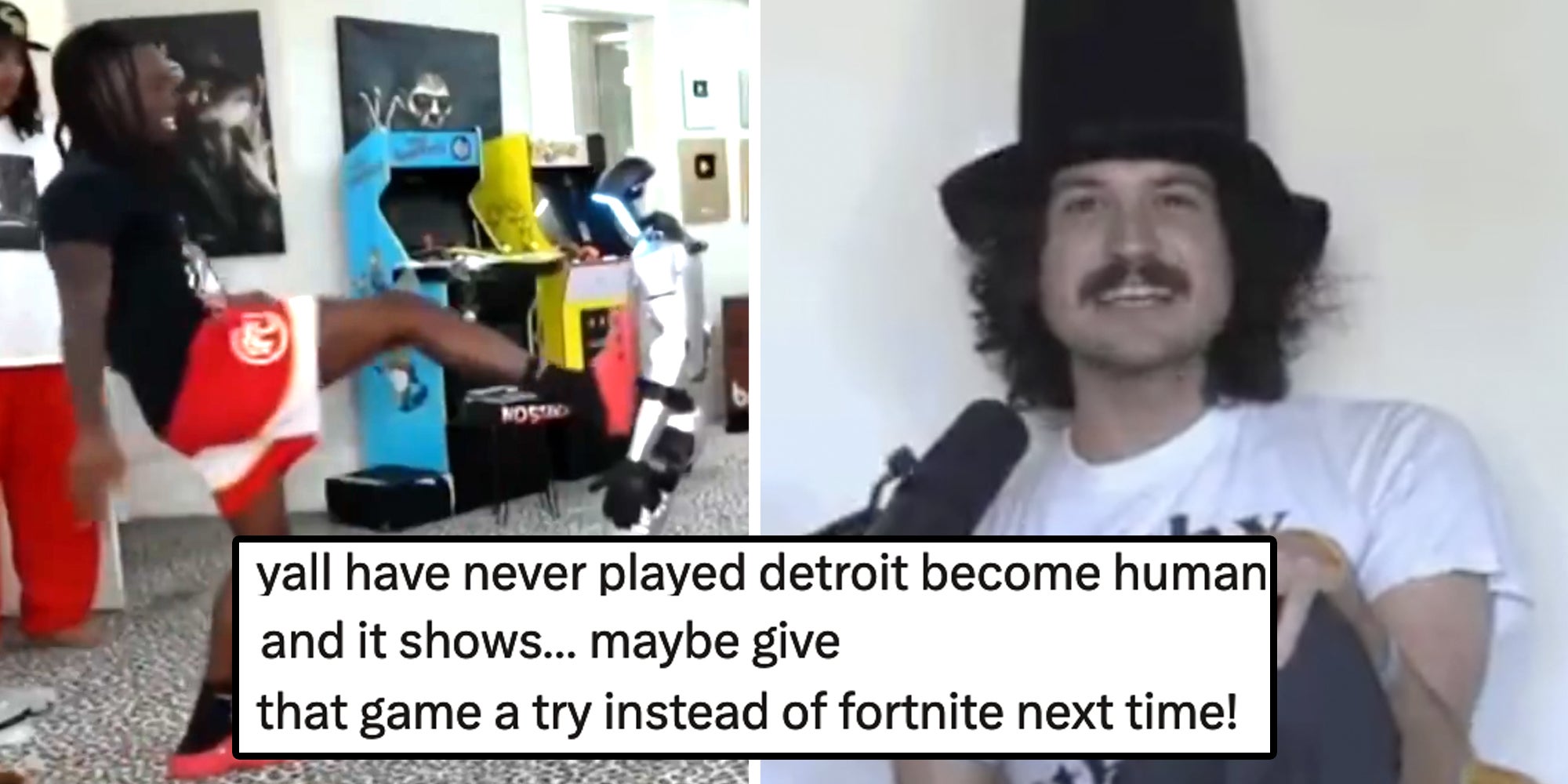 Kai Cenat Kicking robot(l), Man talking(c), Text "yall have never played detroit become human and it shows...maybe give that game a try instead of fortnite next time!"