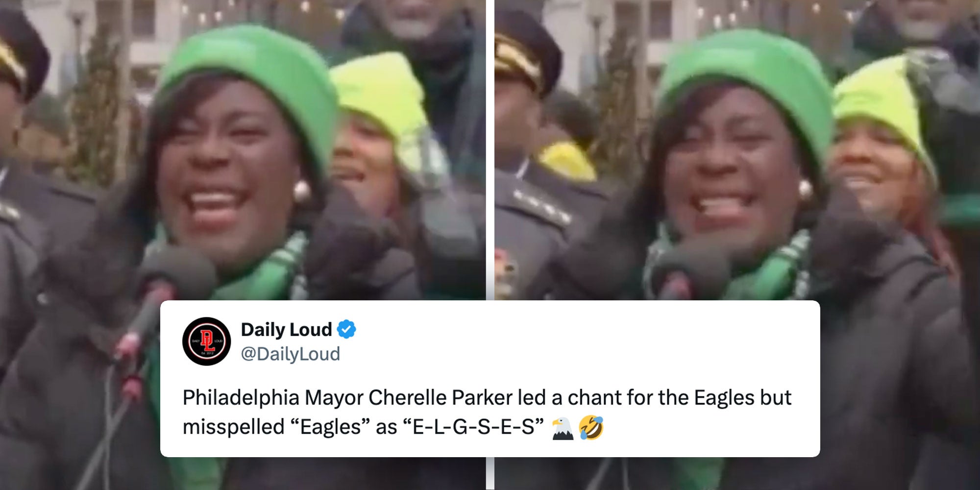 Two photos side by side of Philadelphia Mayor Cherelle Parker with a tweet from @Daily Loud that reads '