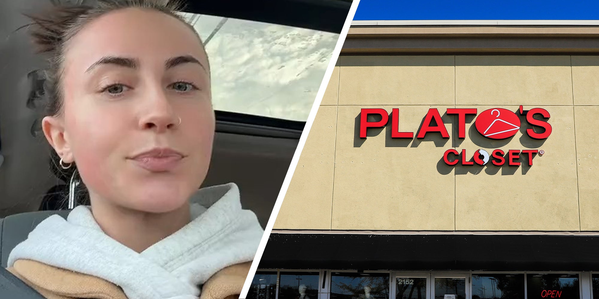 woman shares experience at store(l) Plato's Closet Store Sign(r)