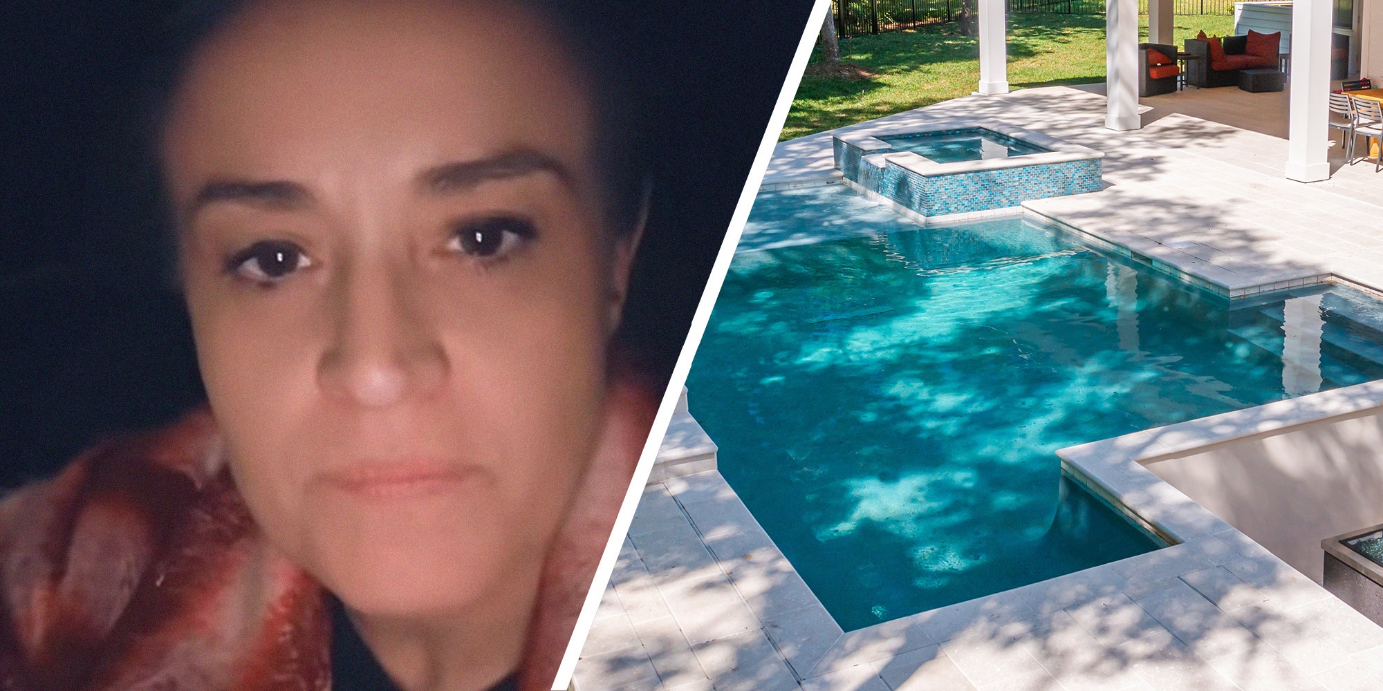 woman shares random substance found in pool(l) Home Pool(r)