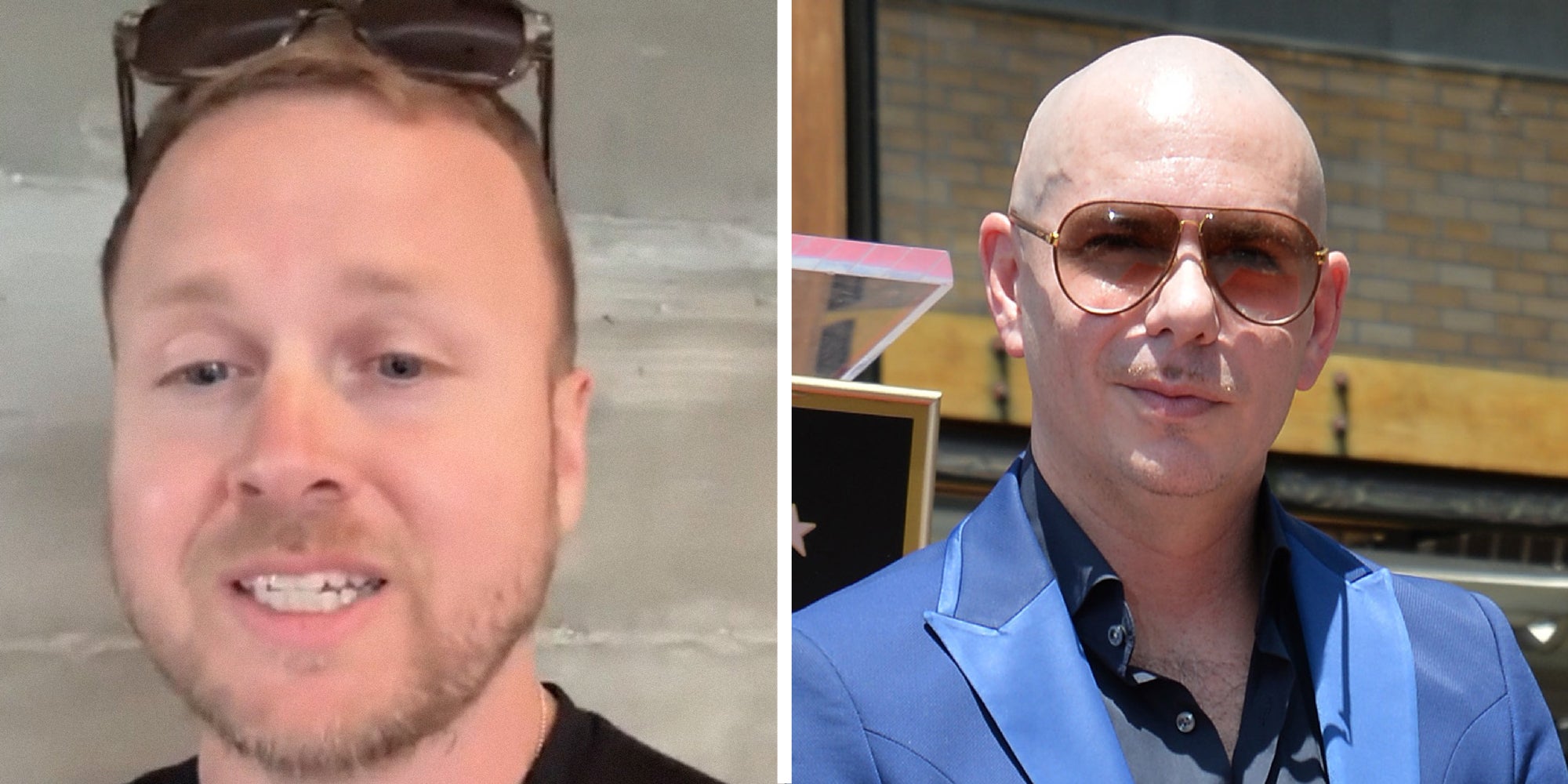 2 panel image. On the left is Spencer Pratt. On the right is Pitbull the artist.
