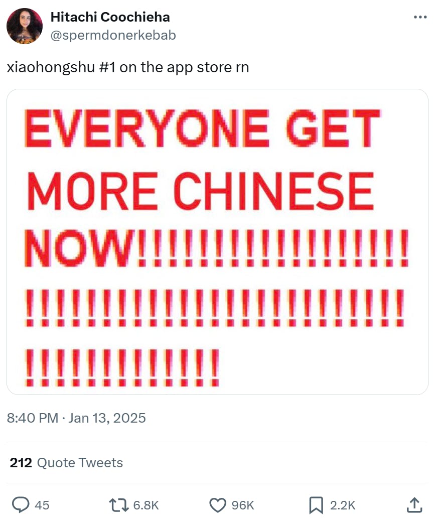 RedNote meme, text reads, 'xiaohongshu #1 on the app store rn' with a screenshot in red font that says, 'EVERYONE GET MORE CHINESE NOW!!!!!'