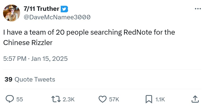 RedNote meme, text reads, 'I have a team of 20 people searching RedNote for the Chinese Rizzler'