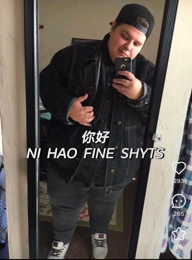 RedNote meme with a man taking a selfie in a mirror, text reads, 'NI HAO FINE SHYTS'