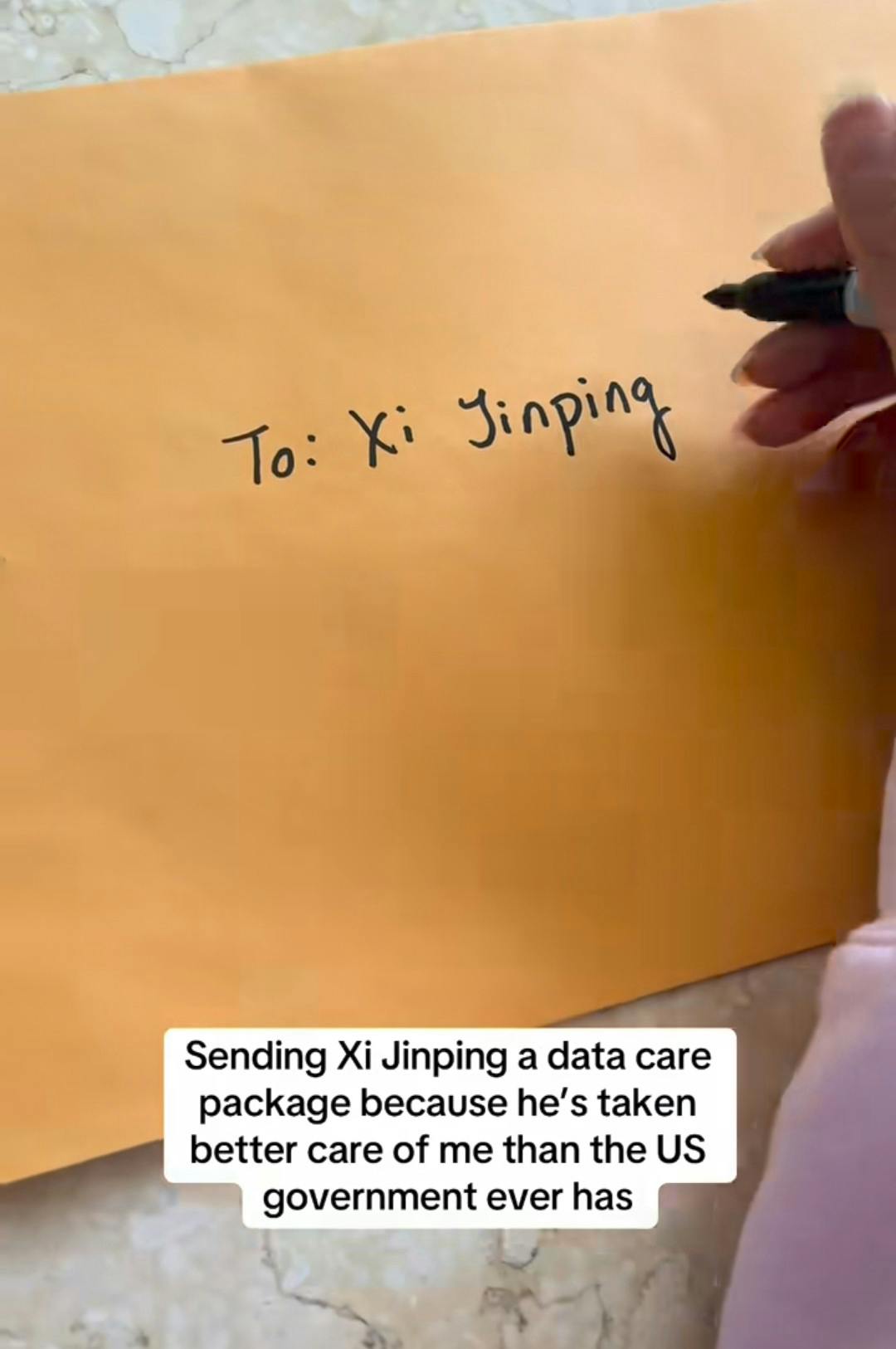 RedNote meme of a manilla envelope labeled, 'To: Xi Jinping' Text reads, 'Sending Xi Jinping a data care package because he's taken better care of me than the US government ever has.'