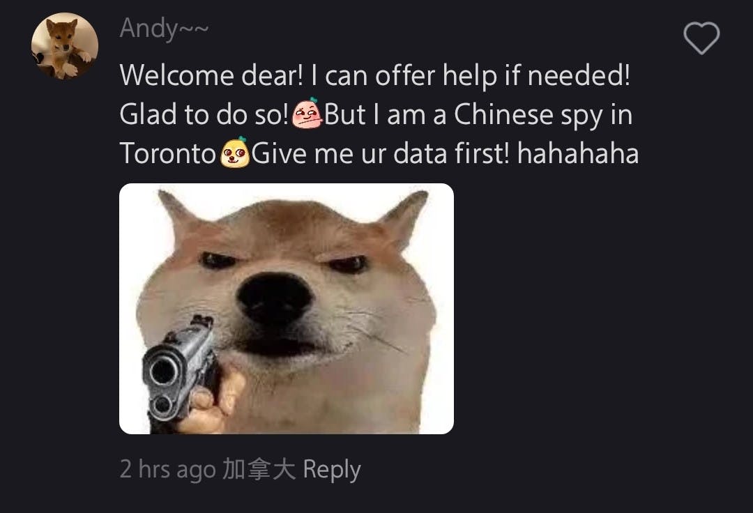 RedNote meme, text reads, 'Welcome dear! I can offer help if needed! Glad to do so! But I am a Chinese spy in Toronto. Give me ur data first! hahahahaha' with an angry shiba inu holding a gun.