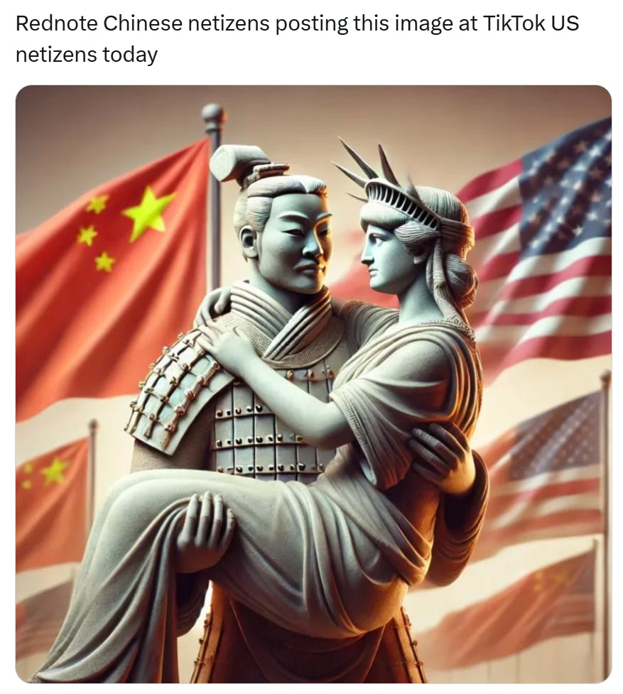 RedNote meme with an AI-generated image of a Chinese warrior bridal carrying the Statue of Liberty with flags in the background. Text reads, 'Rednote Chinese netizens posting this image at TikTok US netizens today'