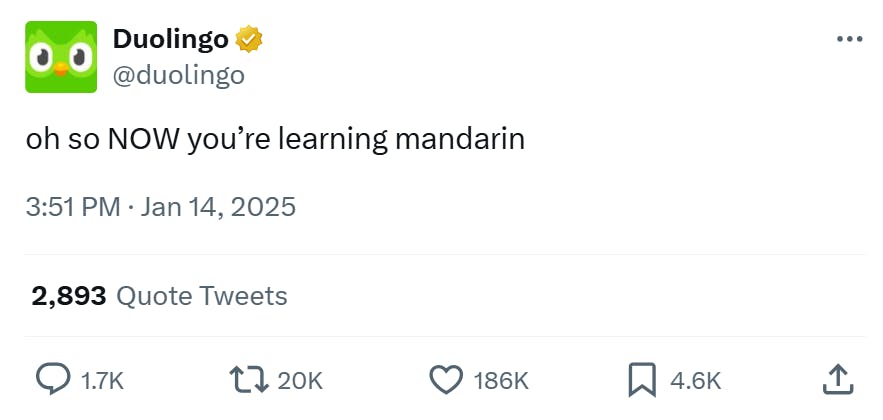 RedNote meme from Duolingo, text reads, 'oh so NOW you’re learning mandarin'