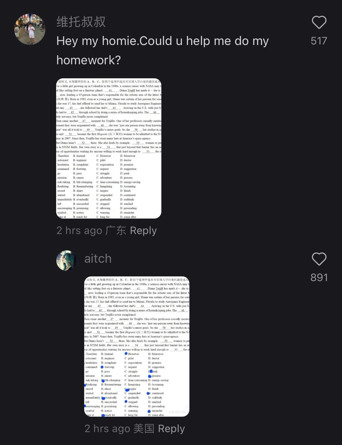 RedNote screenshot of someone asking for English homework help.