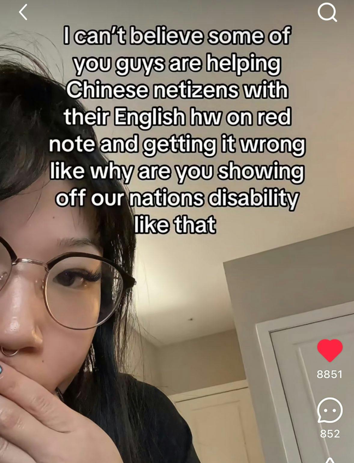 Screenshot from a RedNote post of a woman looking deadpan at the camera. Text overlay reads, 'I can't believe some of you guys are helping Chinese netizens with their English hw on red note and getting it wrong like why are you showing off your nations disability like that.'