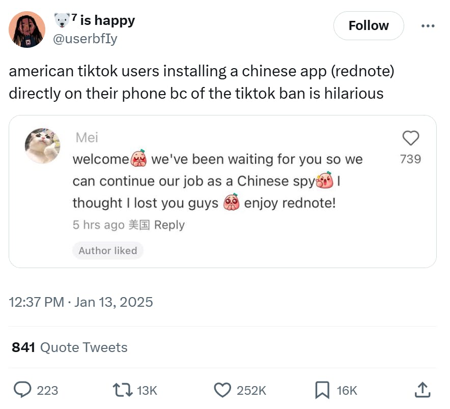 Tweet that reads, 'american tiktok users installing a chinese app (rednote) directly on their phone bc of the tiktok ban is hilarious' with a screenshot from RedNote.