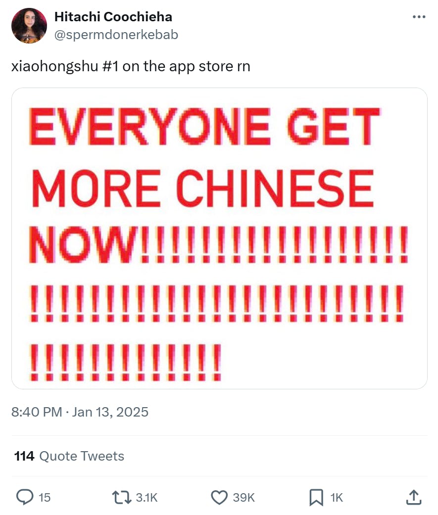 Tweet that reads, 'xiaohongshu #1 on the app store rn' with an image of red font, all-caps words that say, 'Everyone get more Chinese now!!!' with about 40 exclamation points.