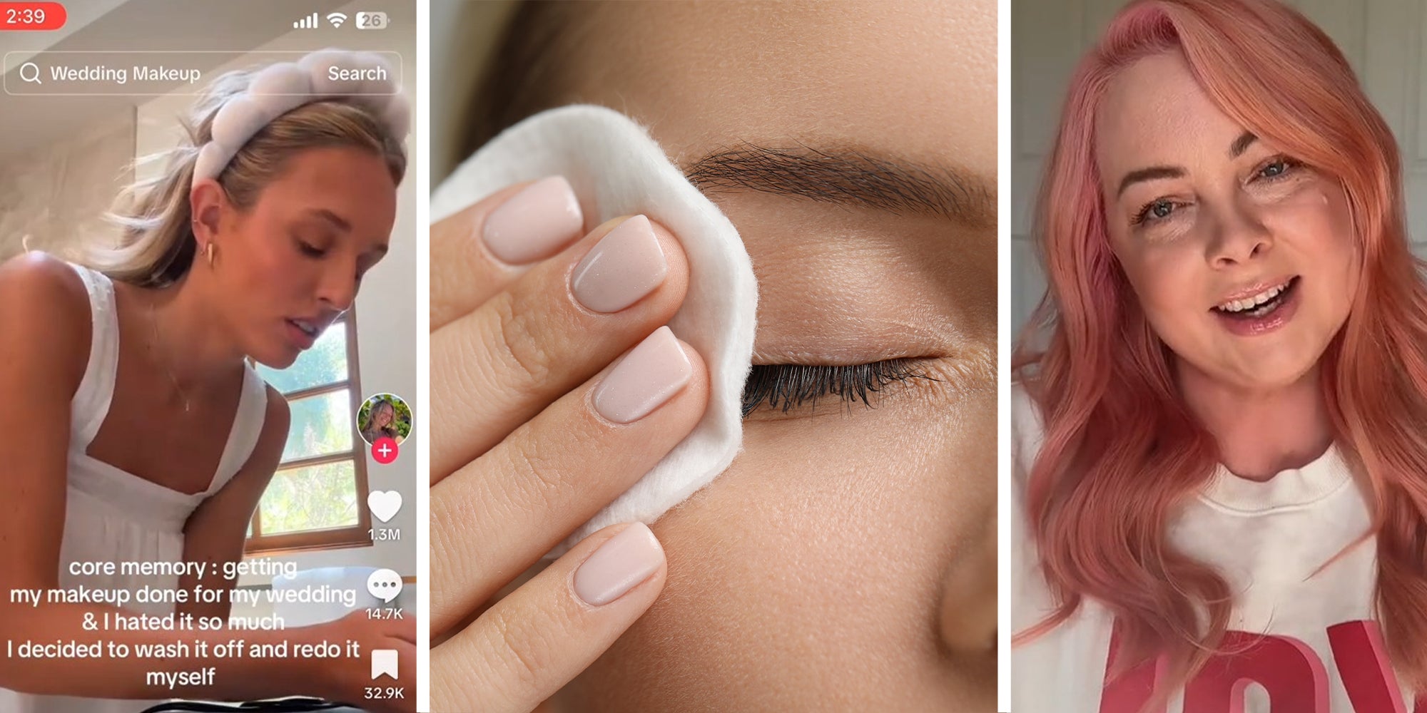 woman removing makeup(l) Woman with cotton near eye to remove makeup(c) Woman with pink(r)