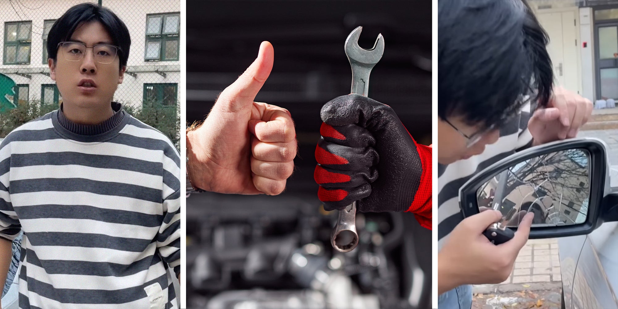 man shares how to repair vehicle on your own(l) Hand showing thumbs up gesture and one holding up wrench tool(c) Man showing broken side view mirror(r)