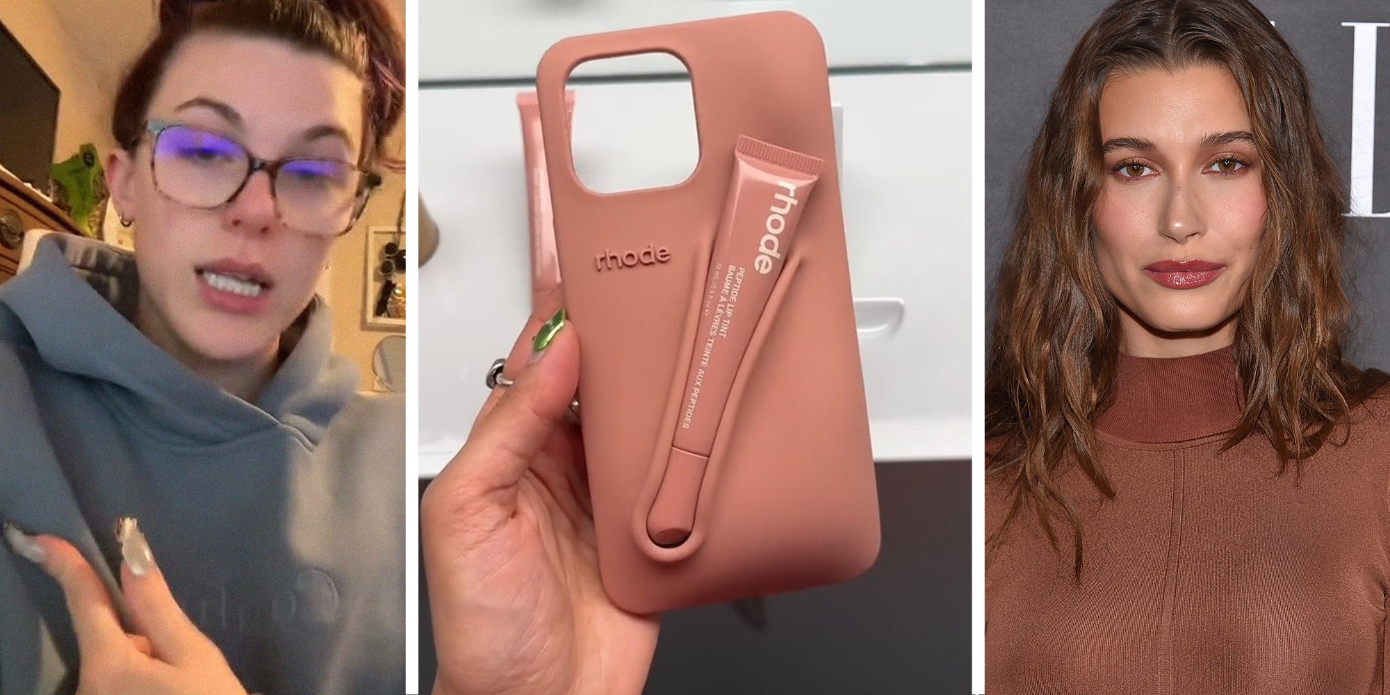 woman shares her concern with rhode case(l) Woman holding Rhode Case(c) Hailey Bieber(r)
