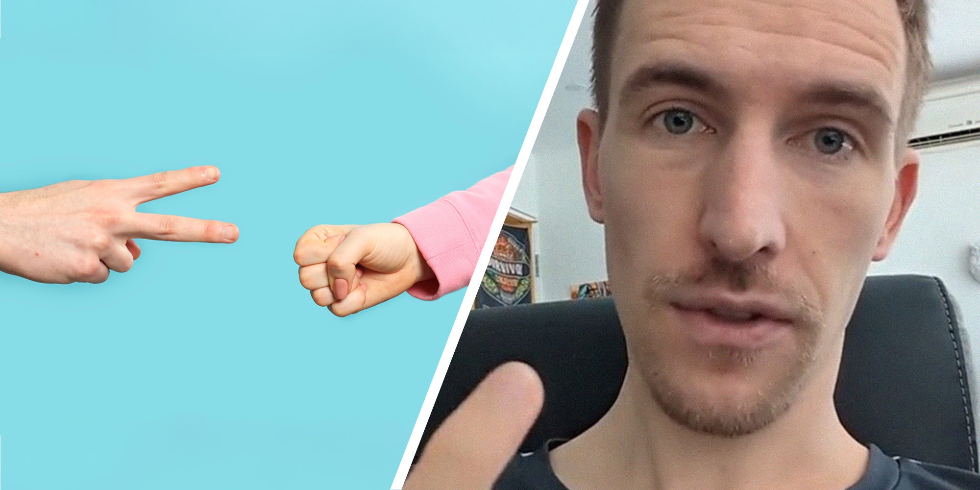 Hands showing Rock, Paper, Scissors gesture(r) Man sharing how to always win at a game(r)