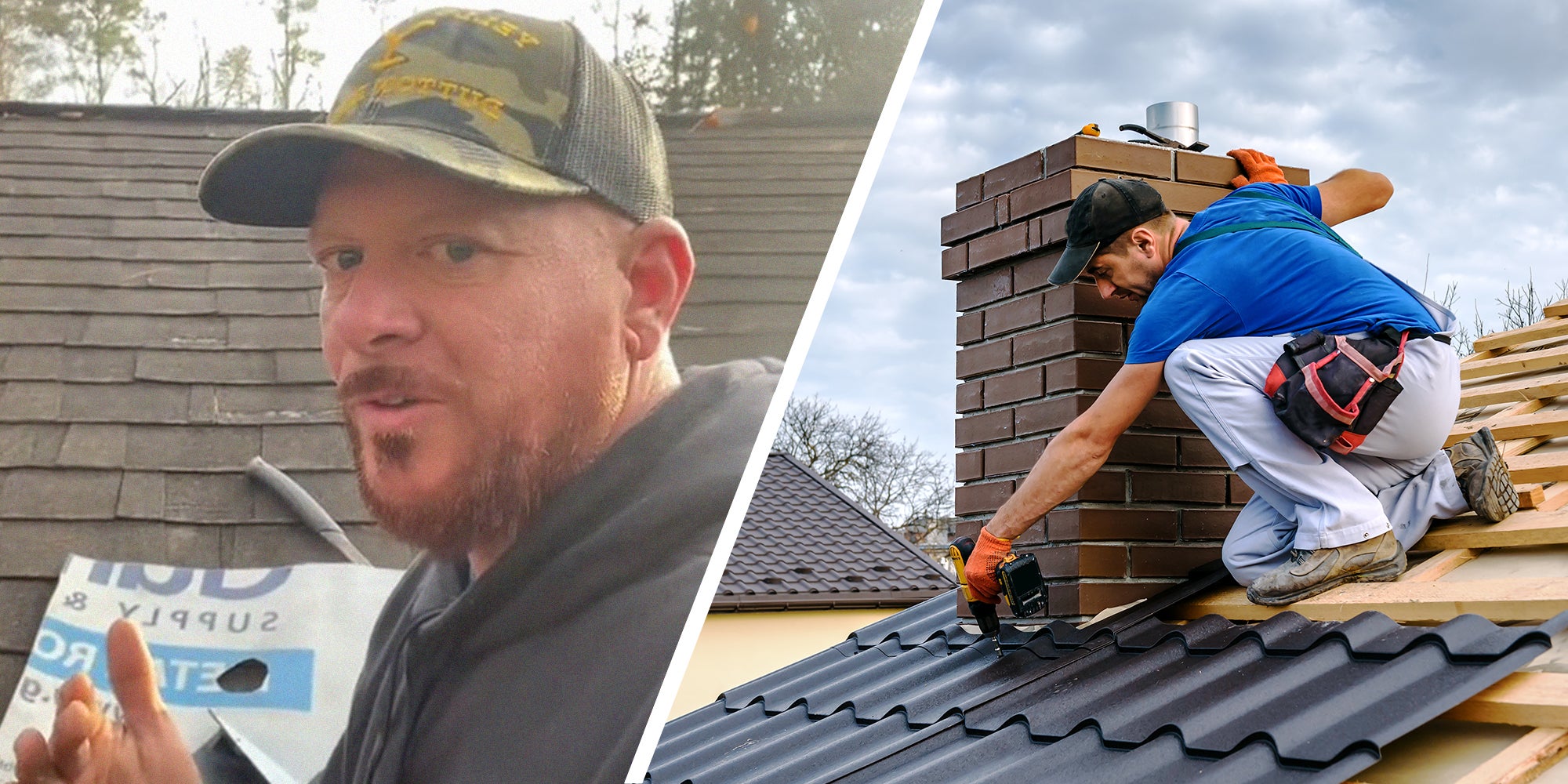 Roofer Sharing Tips for homeowners(l) a professional master (roofer) with electric screwdriver covers repairs the roof(r)