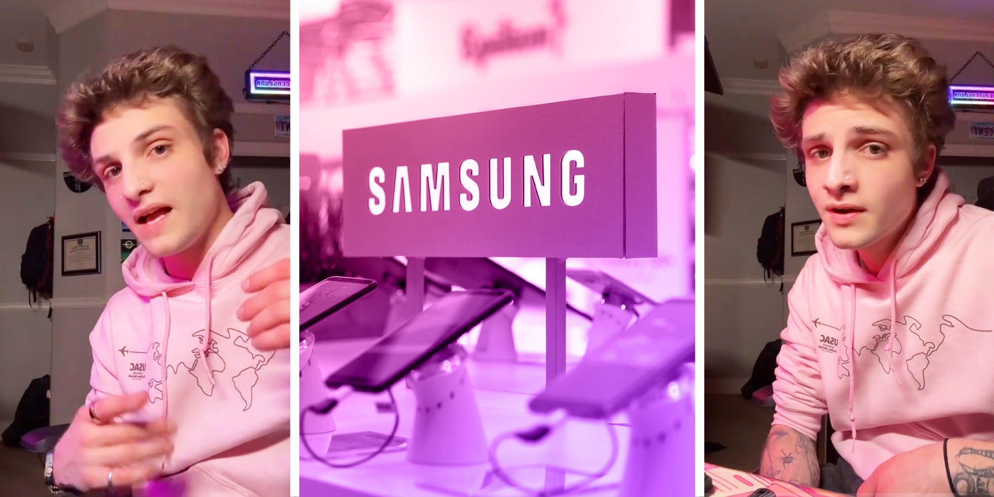 3 panel image. In the middle is a a samsung sales counter with phones. On the sides a person explains.