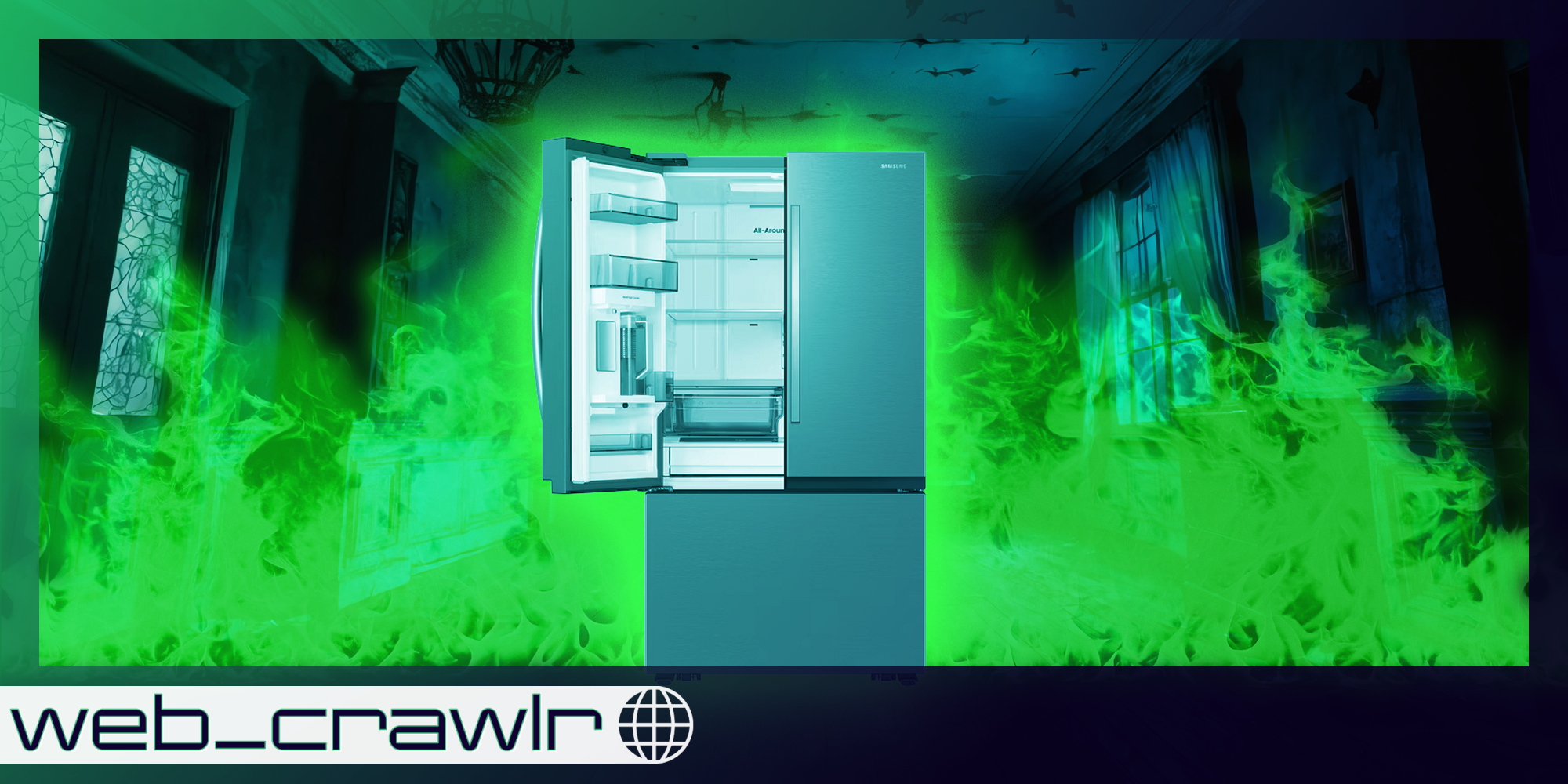 a haunted refrigerator glows with demonic flames in a haunted house. Text over says: web_crawlr.