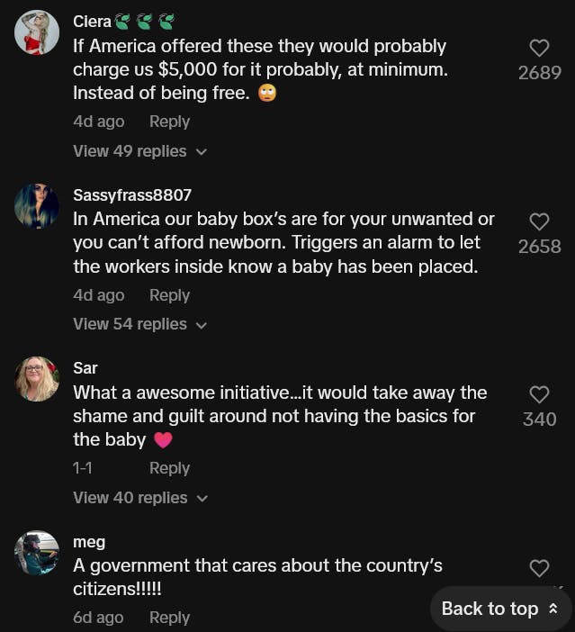 Scottish baby boxes TikTok video comments including one reading 'In America our baby box’s are for your unwanted or you can’t afford newborn. Triggers an alarm to let the workers inside know a baby has been placed.'