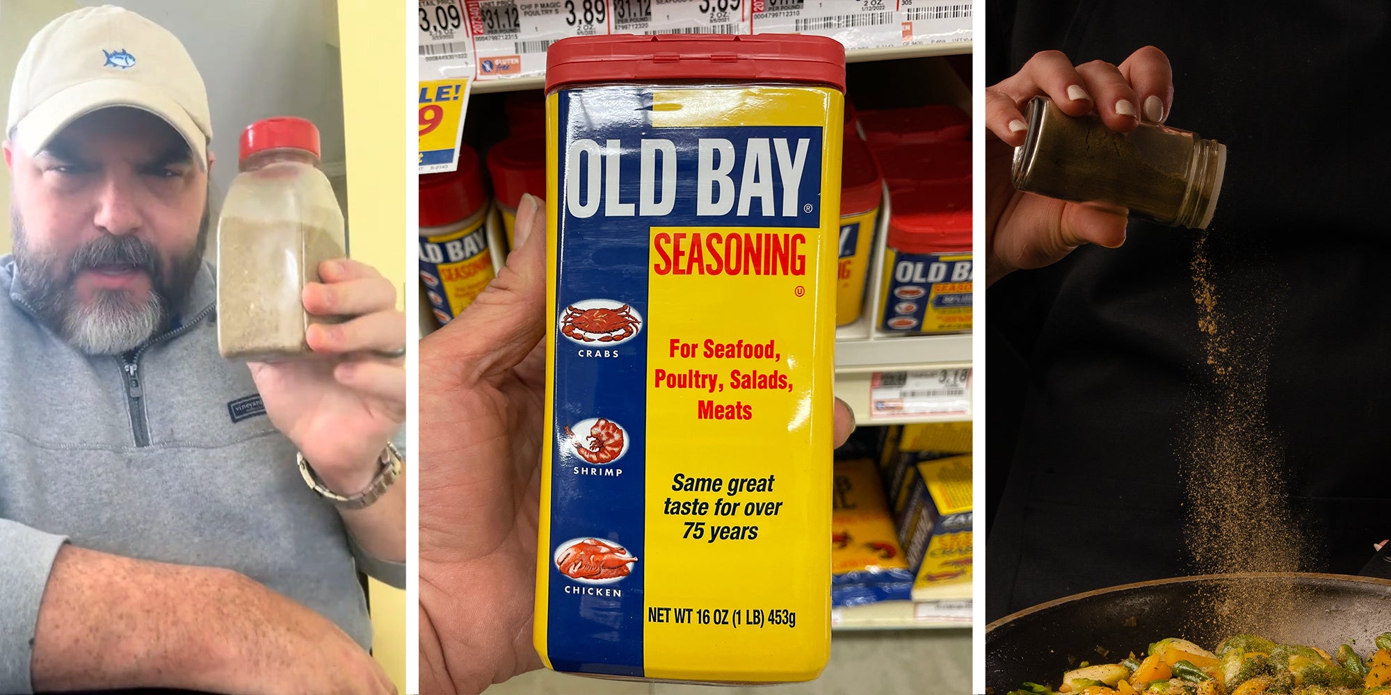 Man holding up container of seasoning(l) Old Bay Seasoning(c) Pouring Seasoning(r)