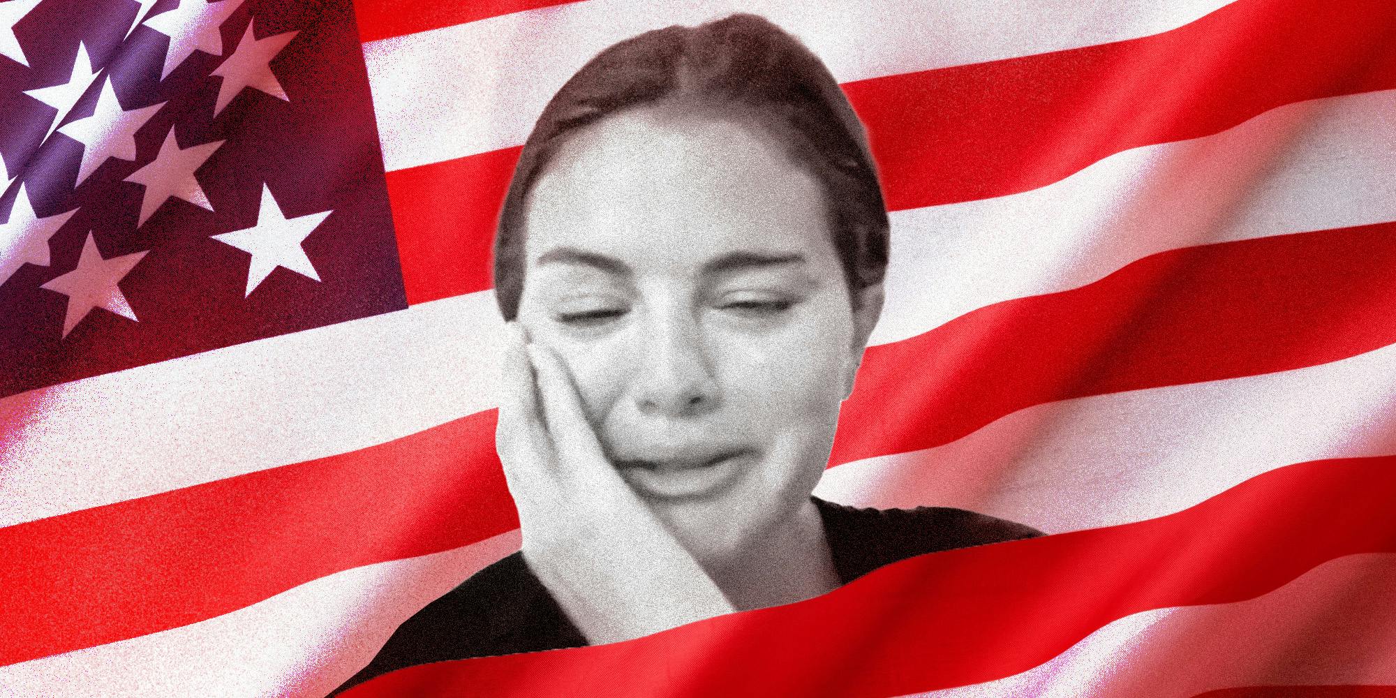 Selena Gomez, crying, collaged onto a background of the American flag.