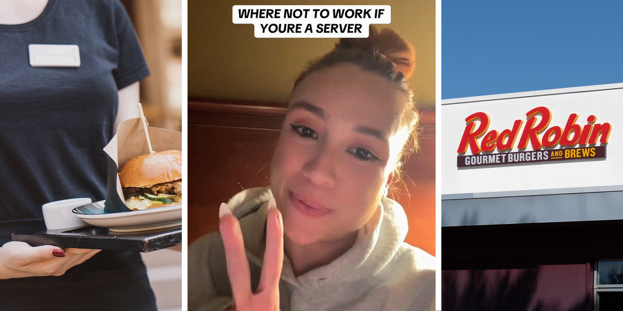 Server Holding burger(l) Woman holding up two fingers(c) Red Robin Restaurant(r)