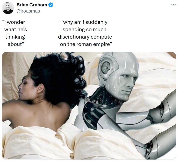 Sex with robots 2025 meme in the 'I wonder what he's thinking about' format.