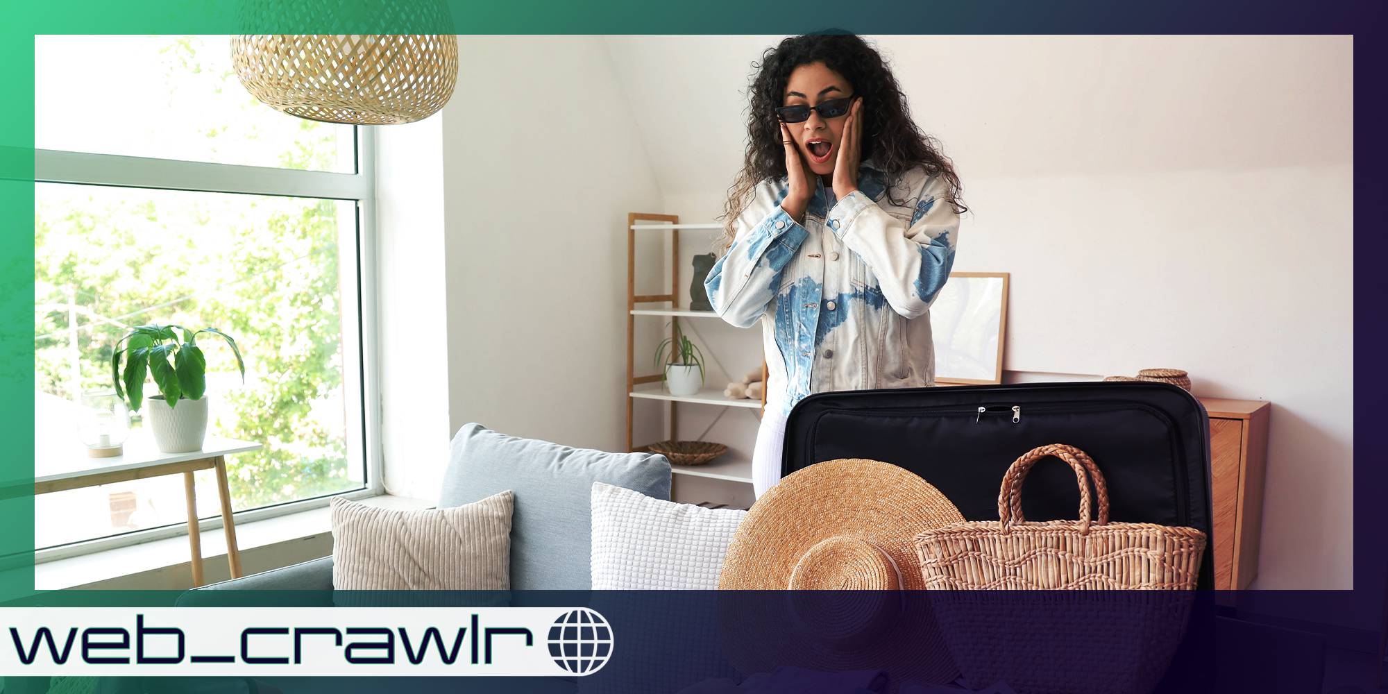 Shocked young African-American woman looking at full suitcases with travelling accessories in hotel room