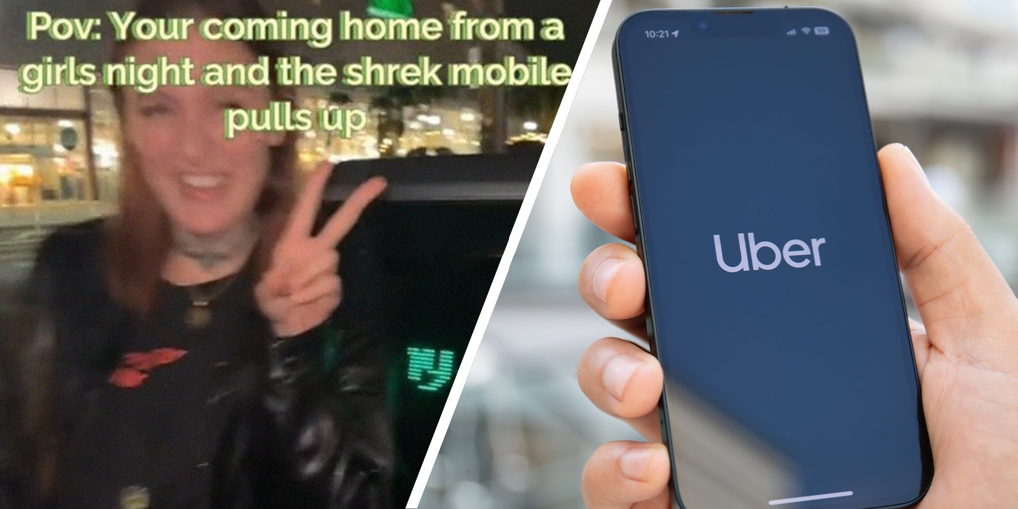 Uber Shrek(l) Person holding up phone with Uber App(r)