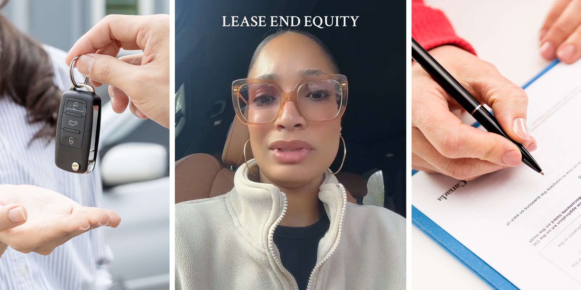 woman returning car keys(l) Woman shares why you never turn in your car(c) Person signing lease document(r)
