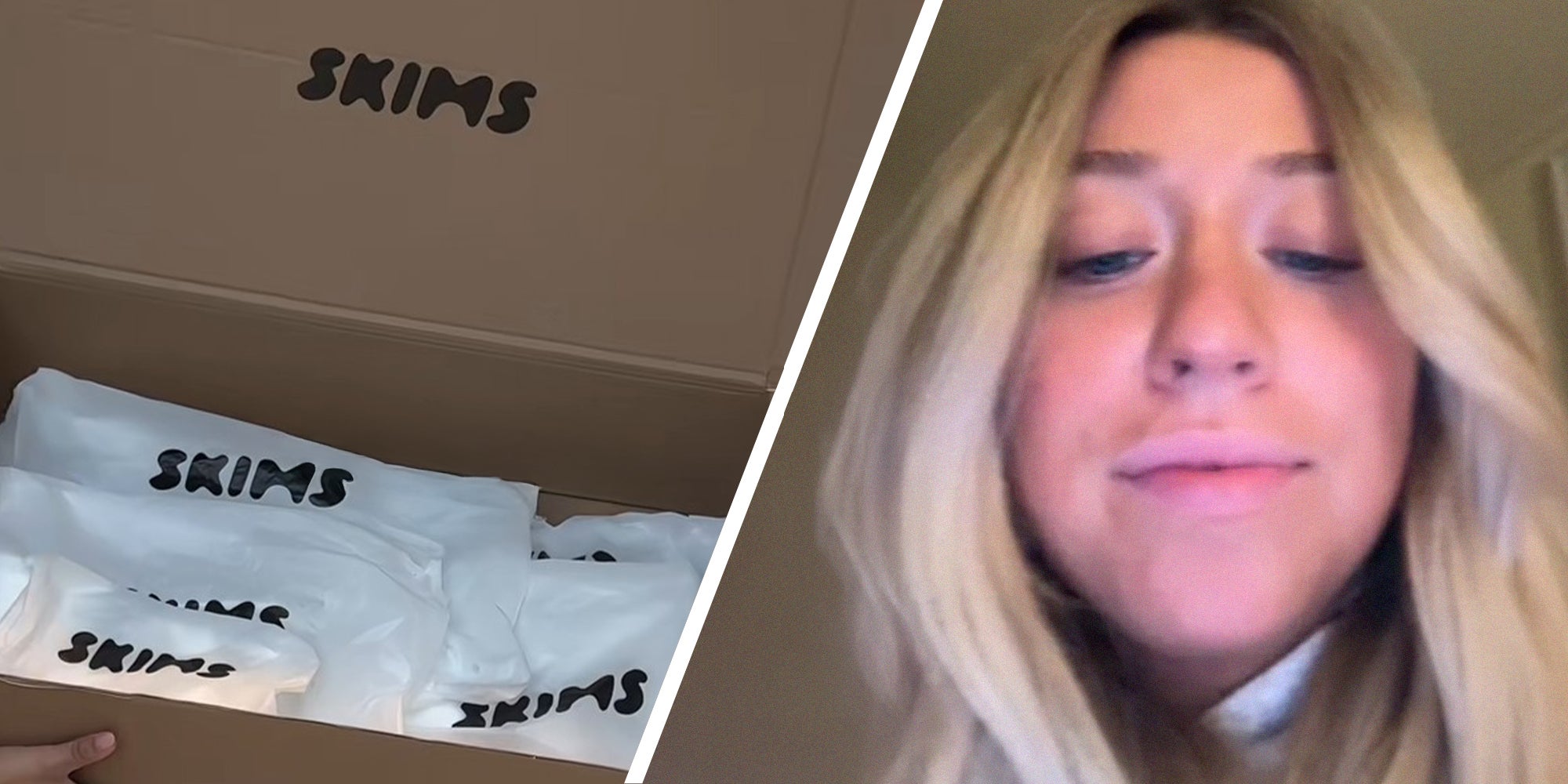 Skims Products inside box(l) Woman reacts to Skims Ad(r)