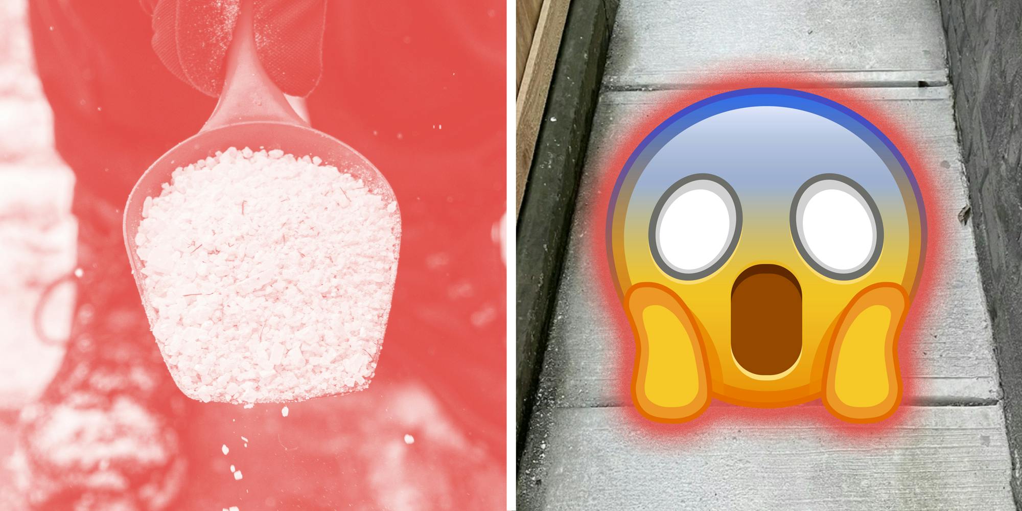 2 panel image showing a scoop of salt and the screaming emoji over a clean sidewalk.