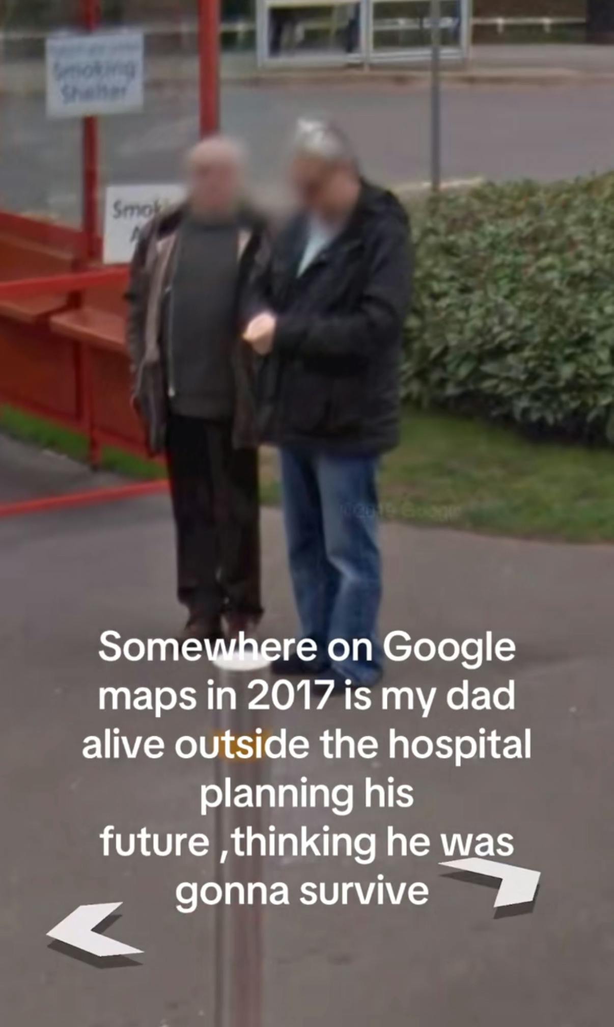 Somewhere on Google trend screenshot of two men standing outside a hospital. Text overlay reads, 'Somewhere on Google maps in 2017 is my dad alive outside the hospital planning his future, thinking he was gonna survive'