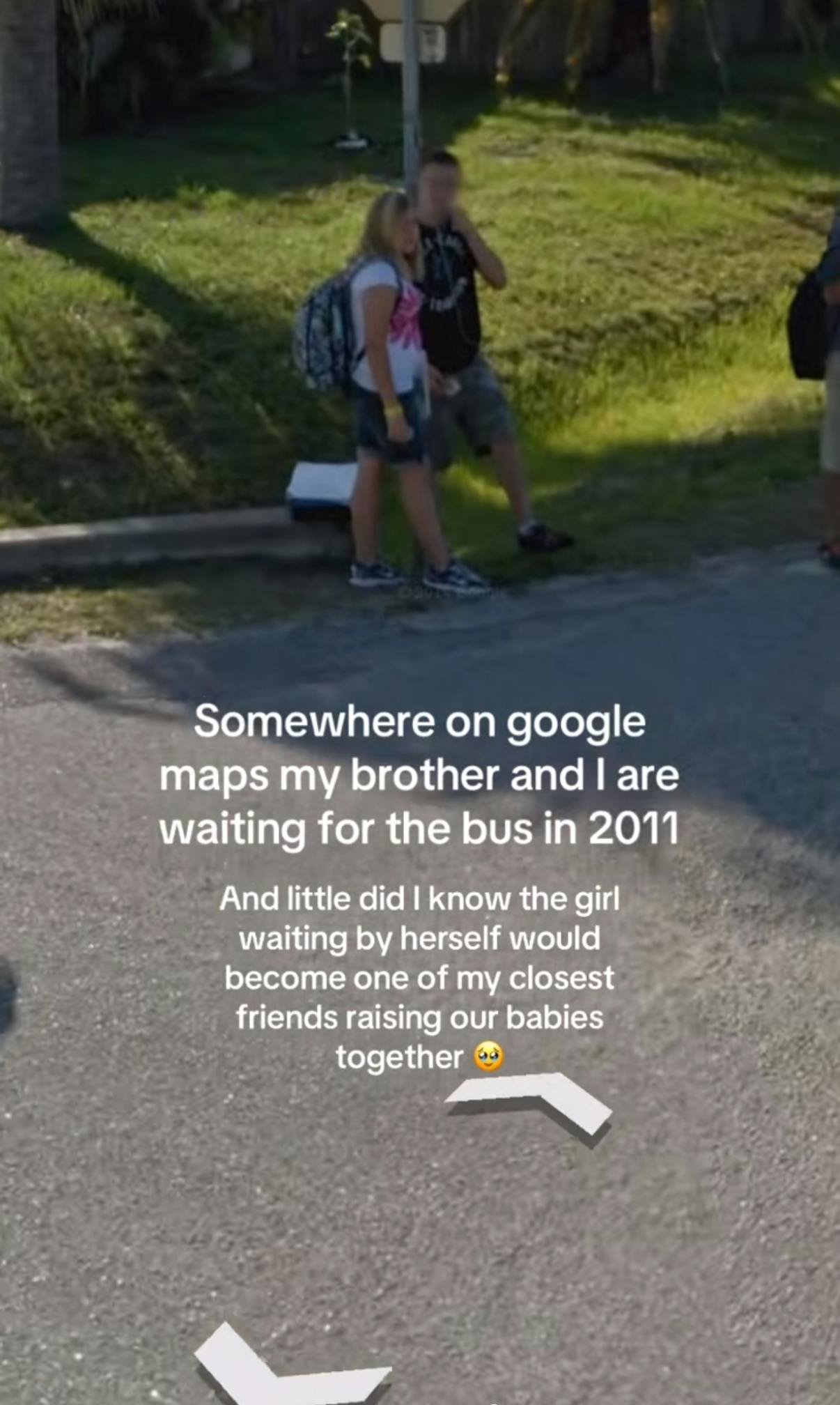 Somewhere on Google trend screenshot of a group of kids waiting for their school bus. Text overlay reads, 'Somewhere on Google maps my brother and I are waiting for the bus in 2011. And little did I know the girl waiting by herself would become one of my closest friends raising our babies together.'