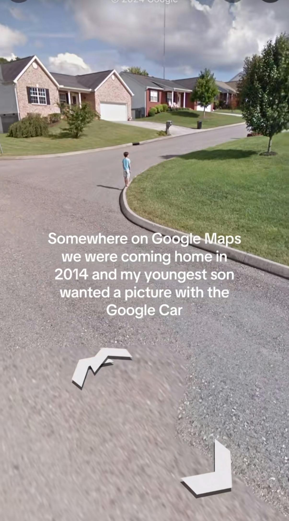 Somewhere on Google trend screenshot of a little boy standing still for a photo with the Google street-view car. Text overlay reads, 'Somewhere on Google Maps we were coming home in 2014 and my youngest son wanted a picture with the Google Car.'