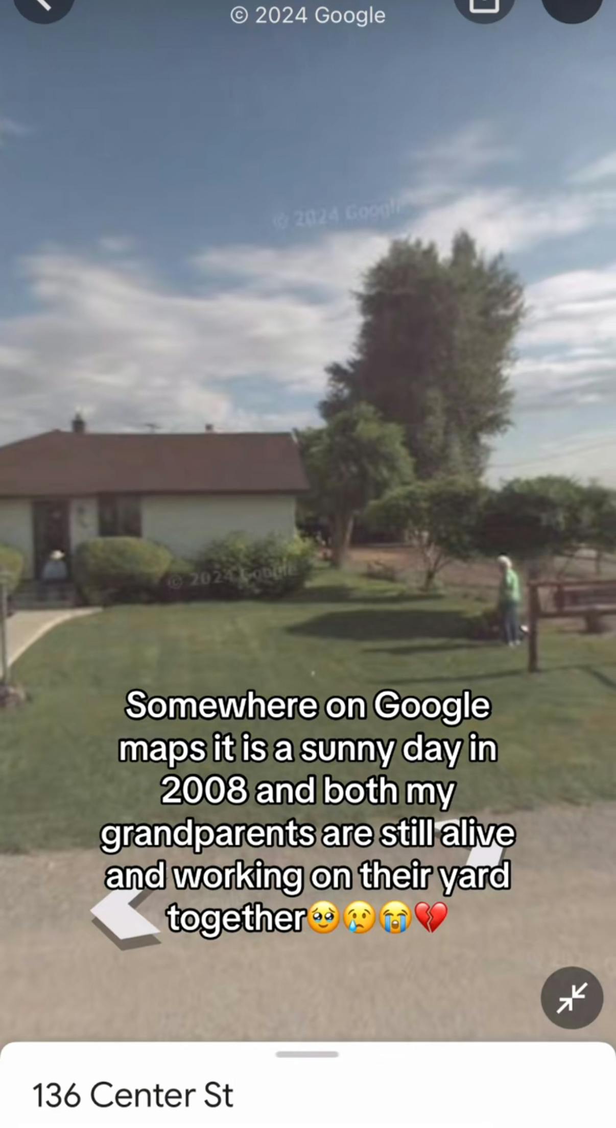 Somewhere on Google trend screenshot of a . Text overlay reads, 'Somewhere on Google maps it is a sunny day in 2008 and both my grandparents are still alive and working on their yard together (crying emojis)'