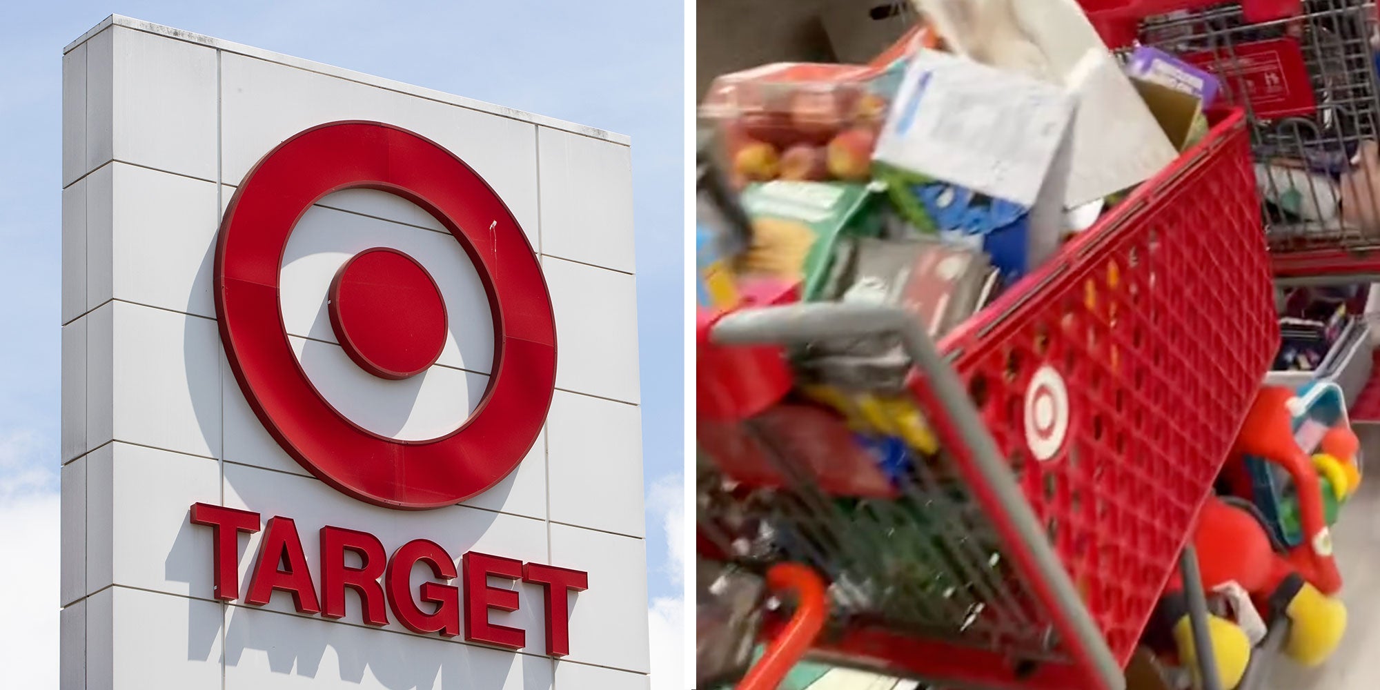 A photo of an entrance sign for Target; a screenshot of a a Target shopping cart filled with returns from @_dreadiaz_'s Tiktok.