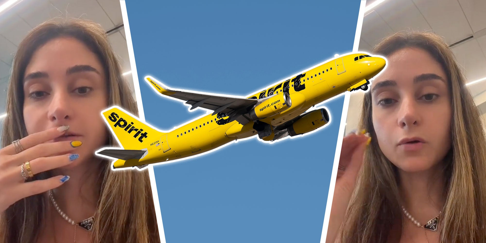 A spirit airlines airplane with a phone of a woman on either side.