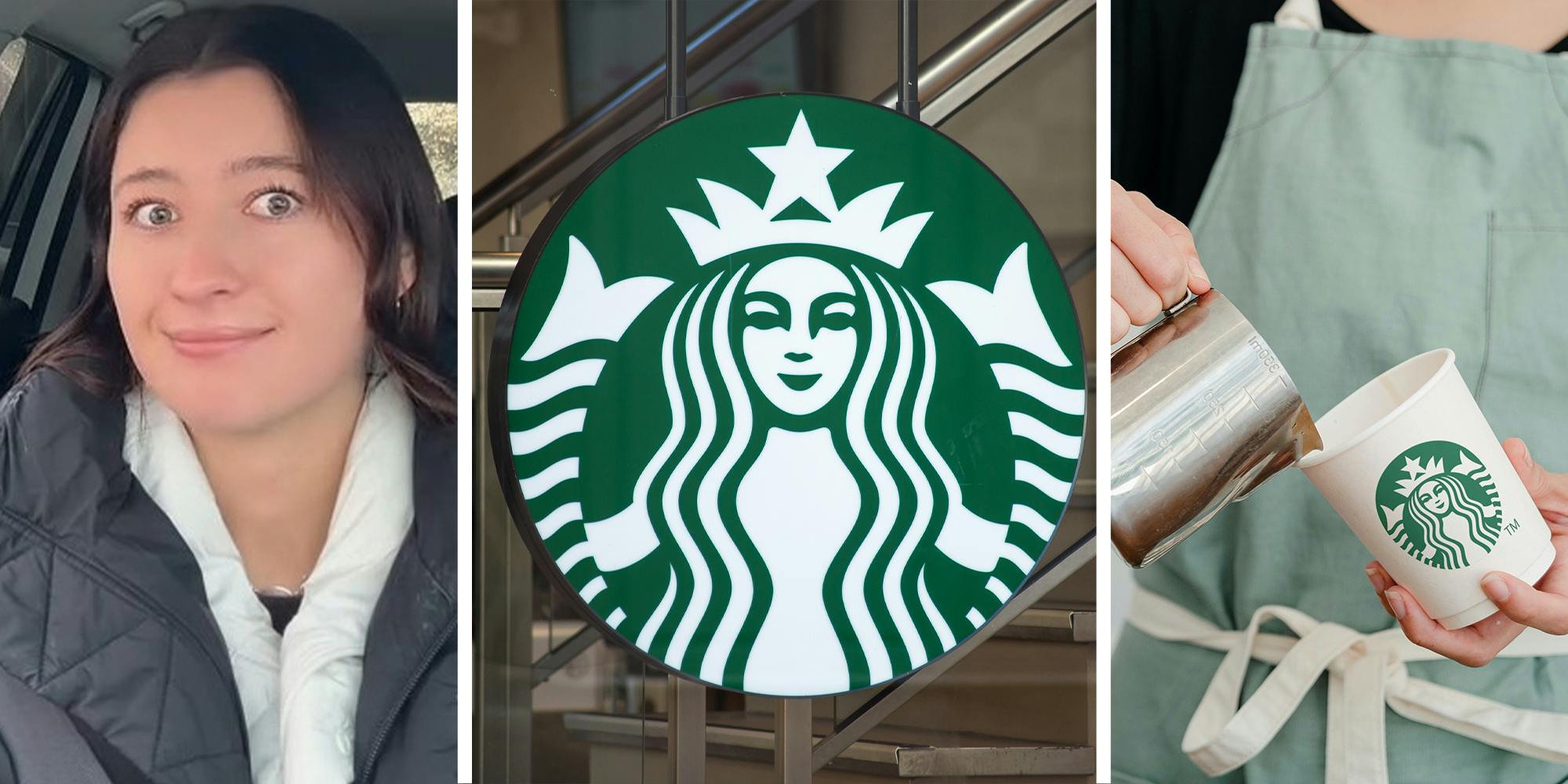 woman order medicine ball at starbucks(l) Starbucks store sign(c) Barista making starbucks drink(r)