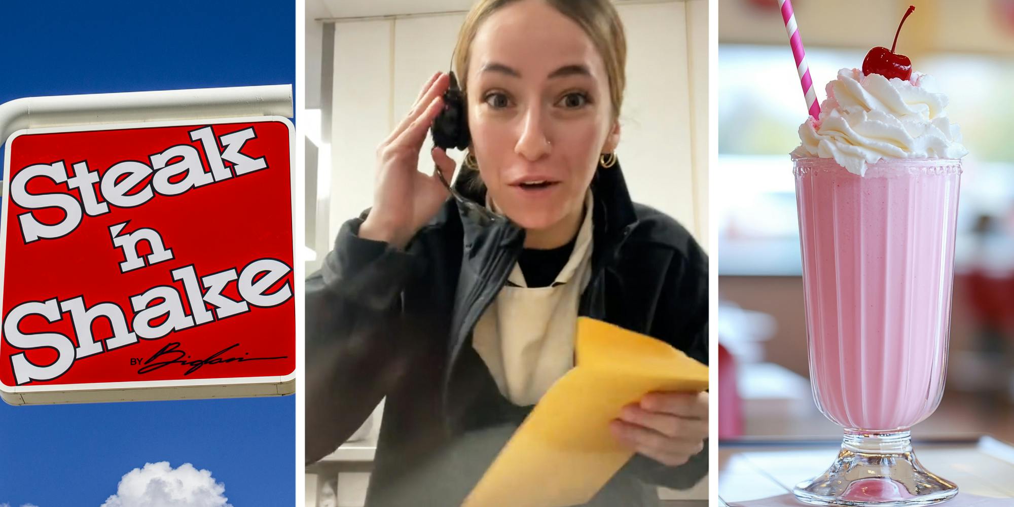 Steak'n' Shake sign(l), Woman talking with envelope(c), Strawberry milkshake(r)