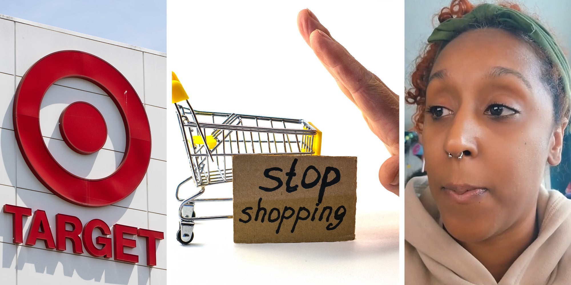 Target Store Sign(l) Stop shipping sign near toy cart while hand blocks it(c) Woman looking shocked(r)