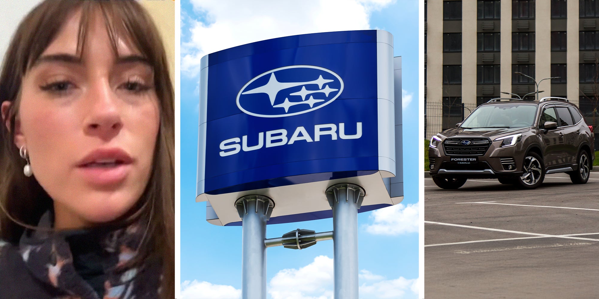 Woman shares feature from her Subaru(l) Subaru Dealer Sign(c) Subaru Forester(r)