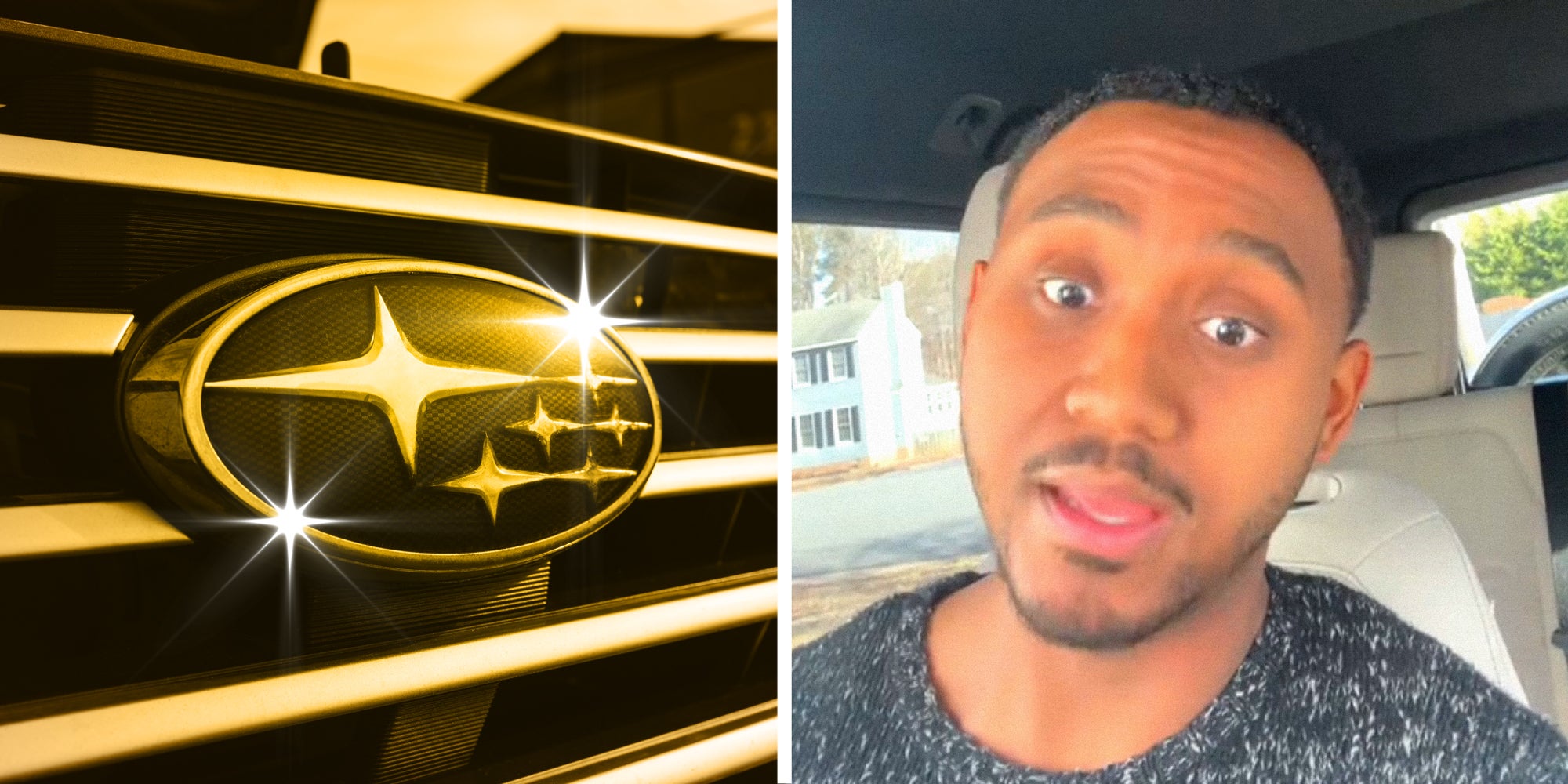 2 panel image: on the left is a golden Subaru logo and on the right a person explains.