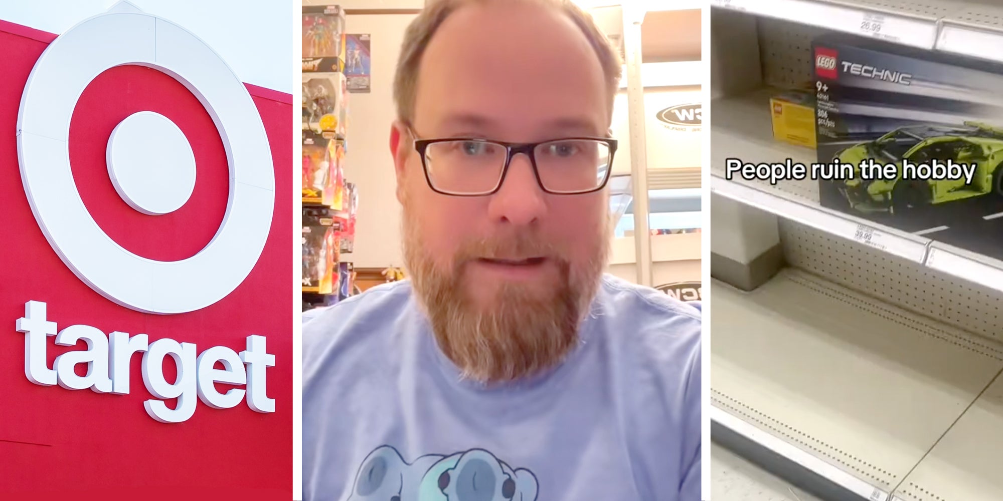 Target sign(l), Man talking(c), Empty shelves with text "people ruin the hobby"(r)