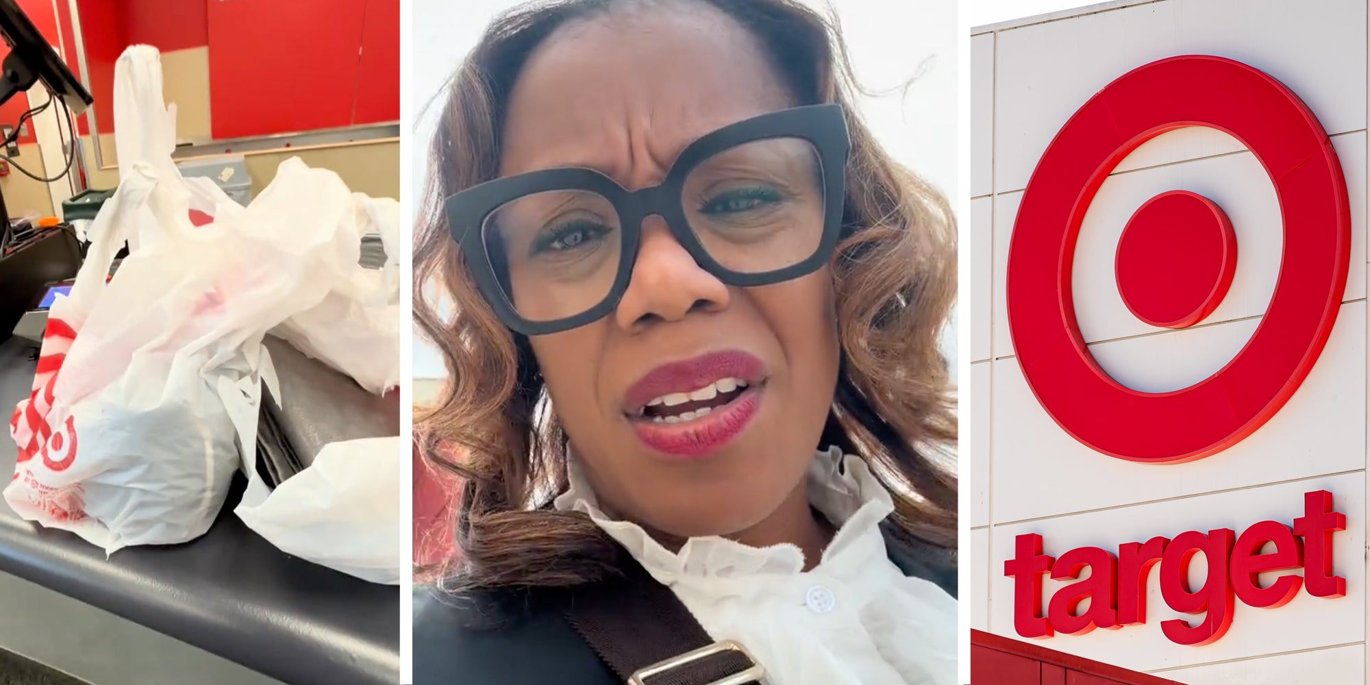 Target bags(l), Woman talking(c), Target sign(r)