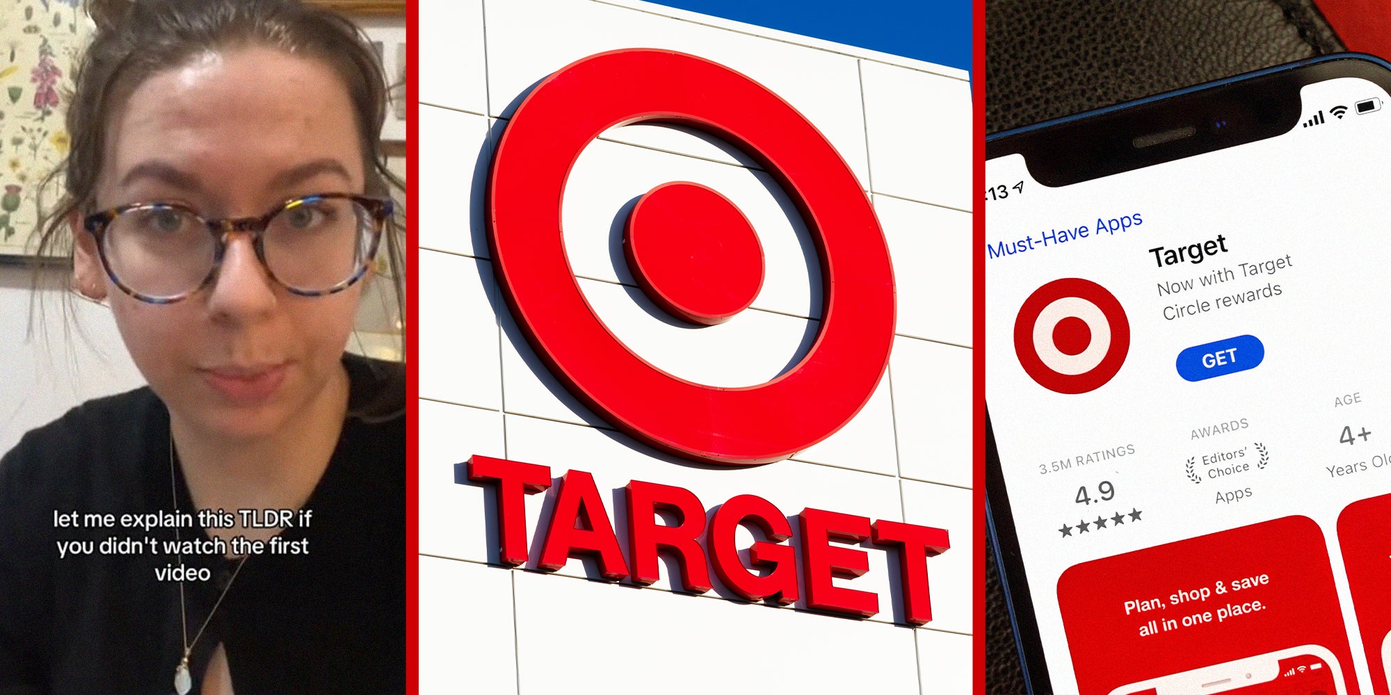 Woman shares how to get the best discounts using target app(l) Target Store Sign(c) Target Phone App(r)